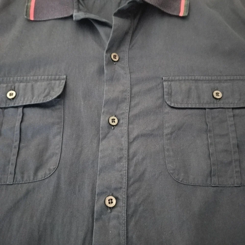 Gucci Duke Mens Navy Blue Web Stripe Collar Short Sleeve Button Down Shirt 15.5